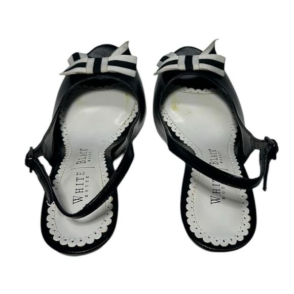 White House Black Market Shiny Black Slingback Heels White Bow Peep Toe Leather - Picture 6 of 9